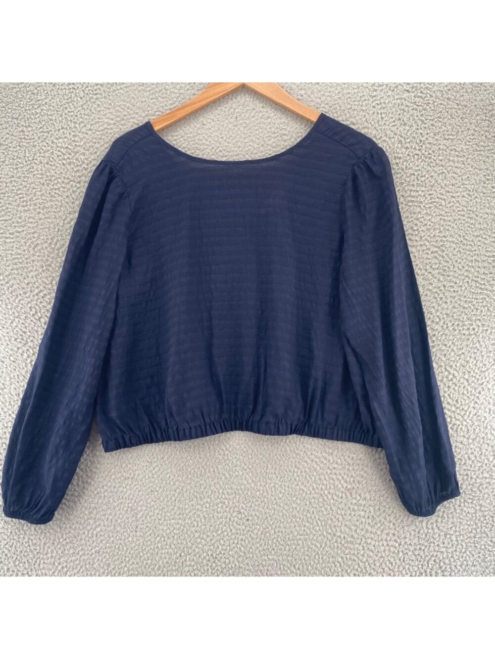 LOFT Top Womens Extra Large Navy Tonal Striped Cropped V Neck Long Puff Sleeves
